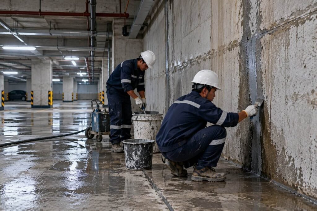 Teknisi menangani rembesan dinding basement