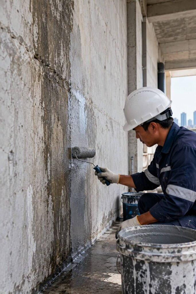 Teknisi melapisi waterproofing pada dinding beton