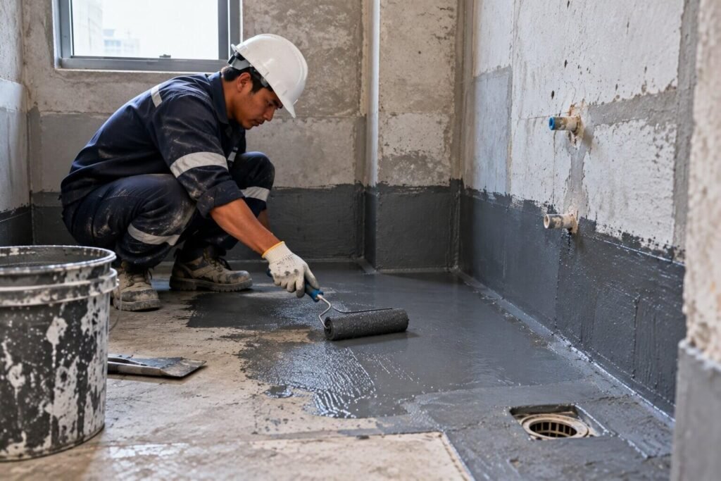 Teknisi melapisi waterproofing di area kamar mandi