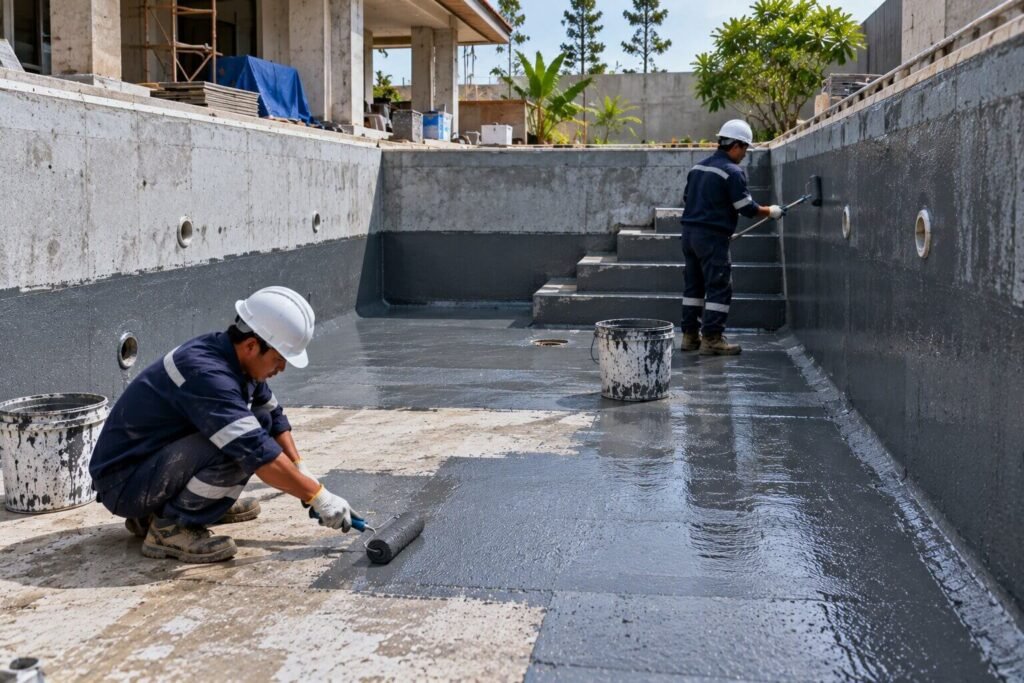 Teknisi mengerjakan waterproofing area kolam atau bak beton