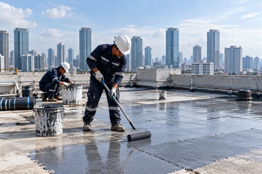 Teknisi menggulung lapisan waterproofing di rooftop