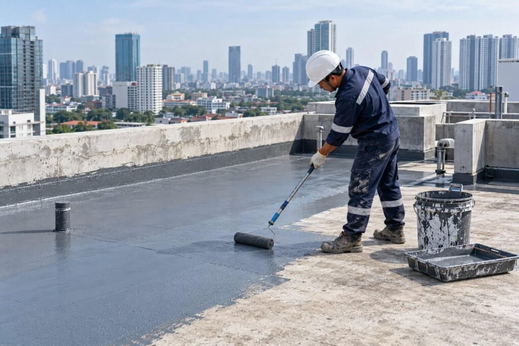 Teknisi melapisi dak beton dengan waterproofing memakai roller